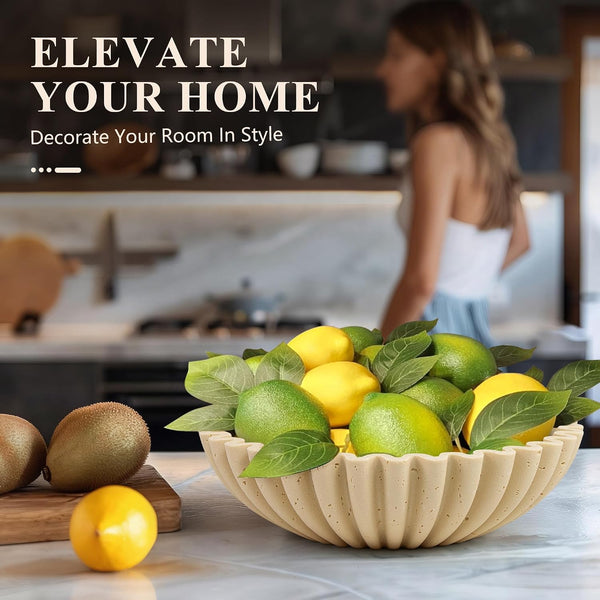 Large Decorative Bowl, Modern Handicraft Bowls for Home Decor, Decorative Fruit Bowl for Kitchen Counter, Ruffle Decor, Stylish Key Bowl for Entry Table, Artificial Travertine Beige5
