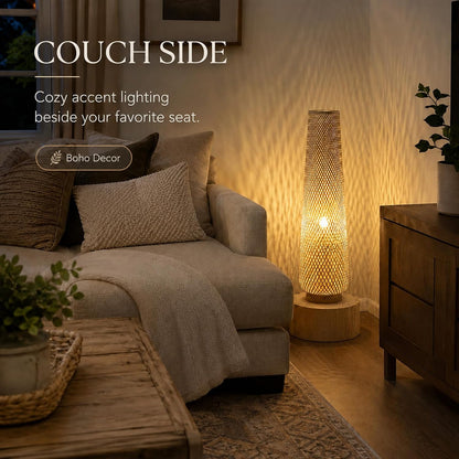Boho Style Bamboo Woven Floor Lamp for Living Room,36 In,Cozy Decor | Handcrafted Wicker Shade,Unique Shadow Pattern,No Assembly Required,3000K Warm Ambient Lighting,Suit for Bedroom Corner4