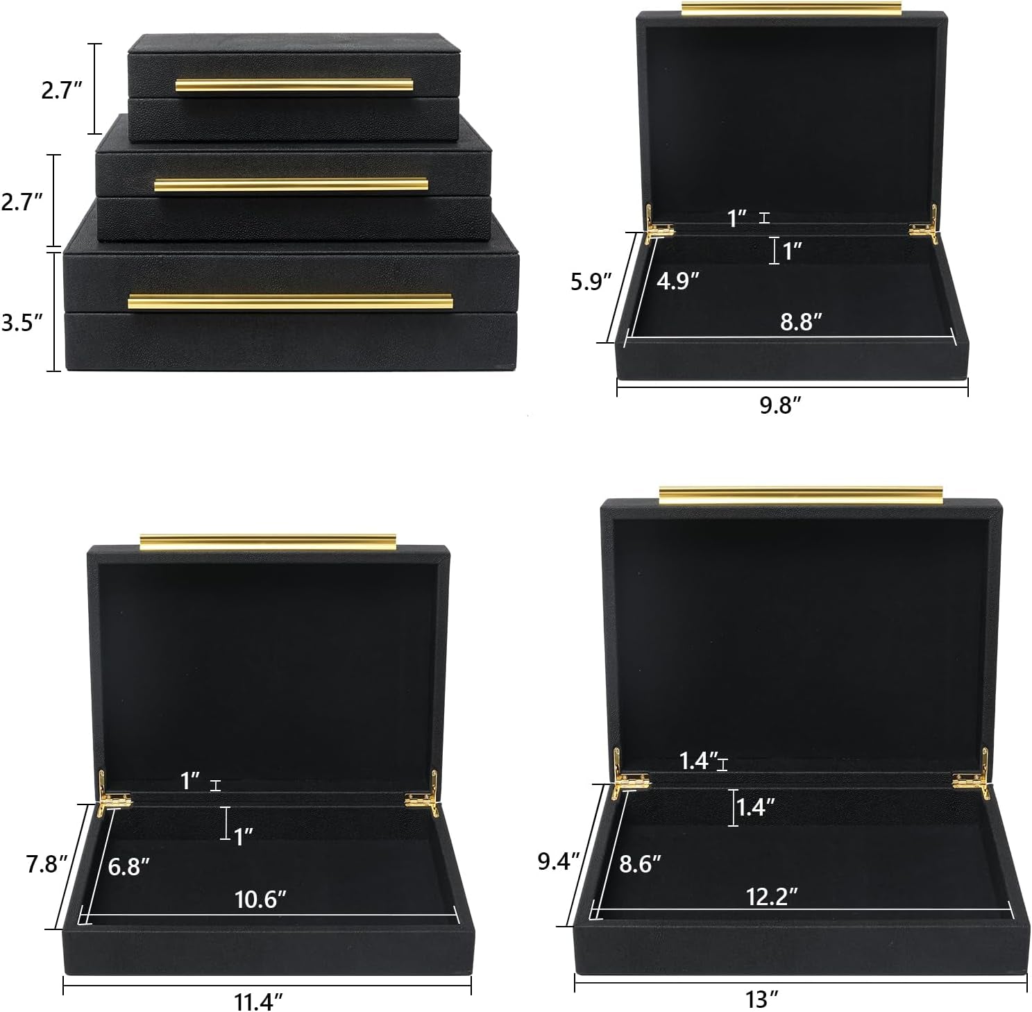 faux-shagreen-decorative-stackable-jewelry-storage-boxes-set-of-3-black-jewelry-organizers-with-gold-metal-handles-velvet-lining-modern-black-box-for-vanity-entryway-coffee-table-decor