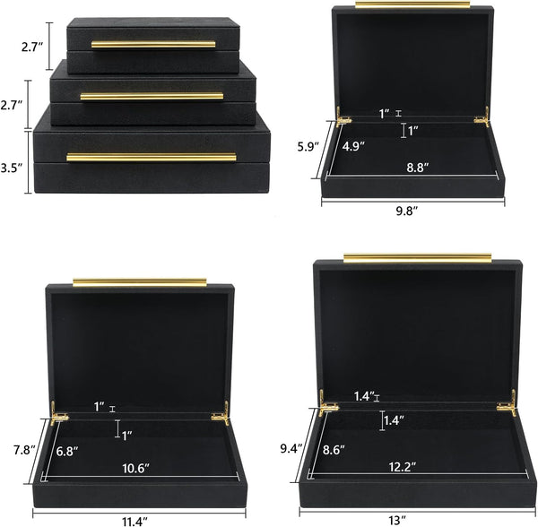 Faux Shagreen Decorative Stackable Jewelry Storage Boxes Set of 3,Black | Jewelry Organizers with Gold Metal Handles & Velvet Lining, Modern Black Box for Vanity, Entryway & Coffee Table Décor2