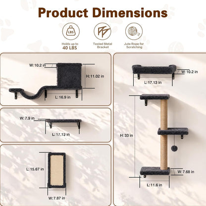 6-In-1 Cat Wall Shelves for Indoor Cats, Wall Mounted Furniture with Bed, Cave, Perch & Scratching Post, Multi-Level Climbing System, Space-Saving Playground, Natural Wood Gray5