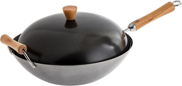 JOYCE CHEN Classic Series 14-Inch Uncoated Carbon Steel Wok Set with Lid and Birch Handles, 4 Pieces4