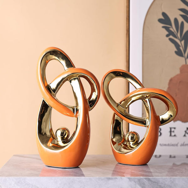 Orange Modern Abstract Art Home Decor Accent,Statues Coffee Table Decor for Living Room,Table Centerpieces for Dining Room,Ceramic Sculptures and Gold Knick Knacks for TV Stand Decor (Orange Gold)5