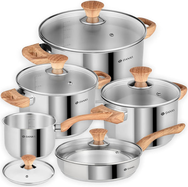 Oslo 10-Piece Stainless Steel Cookware Set with Glass Lids, Includes Saucepan and Frying Pan with Lid, Tri-Ply Bases for Even Heating, Induction Compatible, Dishwasher Safe, Bakelite Handles1