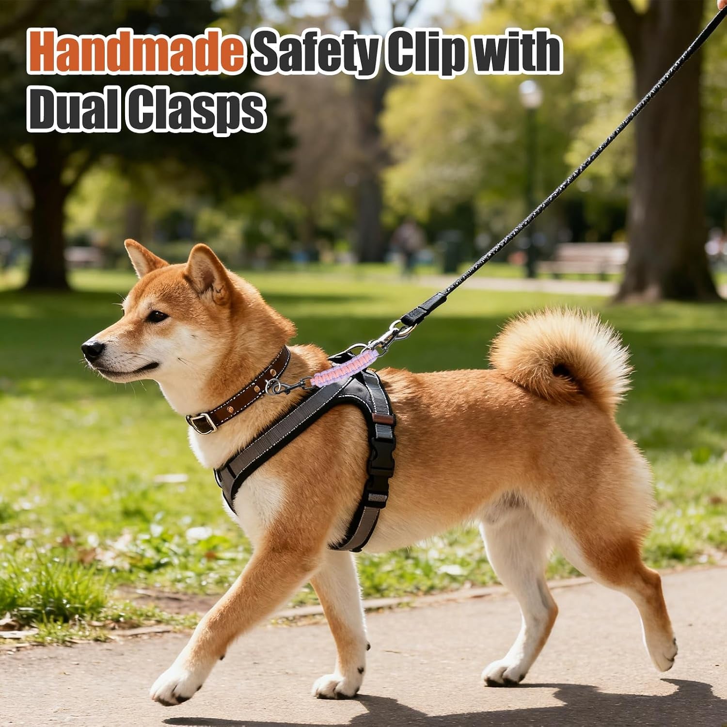 dog-collar-safety-clip-with-dual-clasps-handmade-backup-safety-strap-for-dog-harness-collars-and-no-pull-harness-connectors-pink-light-purple