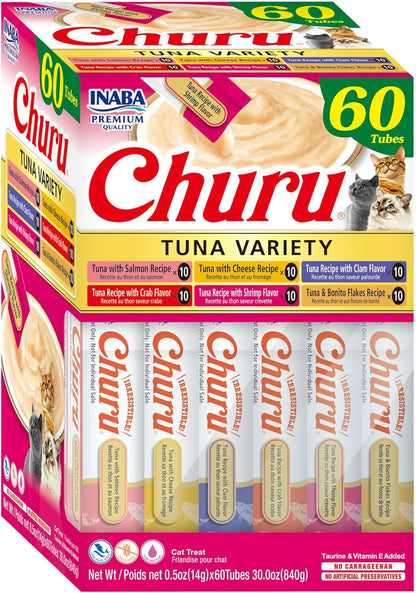 INABA Churu Cat Treats, Lickable, Squeezable Creamy Purée Cat Treat with Green Tea Extract & Taurine, 0.5 Ounces Each Tube, 50 Tubes, Tuna & Chicken Variety12