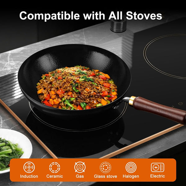 Carbon Steel Wok Pan, 12.6-Inch Nonstick Pre-Seasoned Woks & Stir-Fry Pans with Glass Lid, No Chemical Coated Wok round Bottom Hand Hammered Chinese Wok for Gas Stoves5