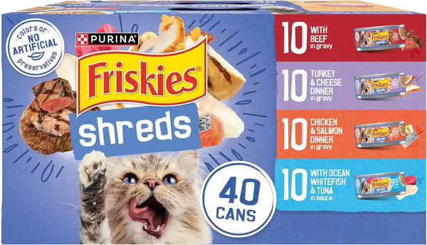 Purina Friskies Wet Cat Food Variety Pack, Shreds with Beef, Turkey and Cheese Dinner, Chicken and Salmon Dinner, and with Ocean Whitefish and Tuna - (Pack of 40) 5.5 Oz. Cans1