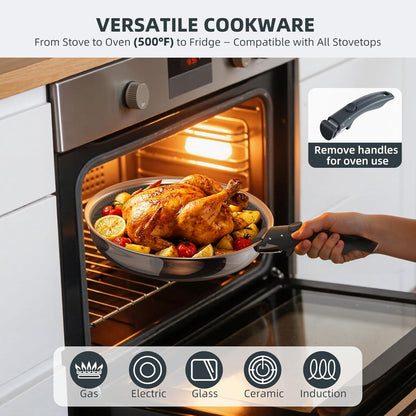 6-Piece Hybrid Stainless Steel Pots and Pans Set Non Stick, Tri-Ply Stainless Steel Cookware Set with Lids and Detachable Handle, PFOA Free Kitchen Skillet for All Cooktops, Dishwasher Safe6