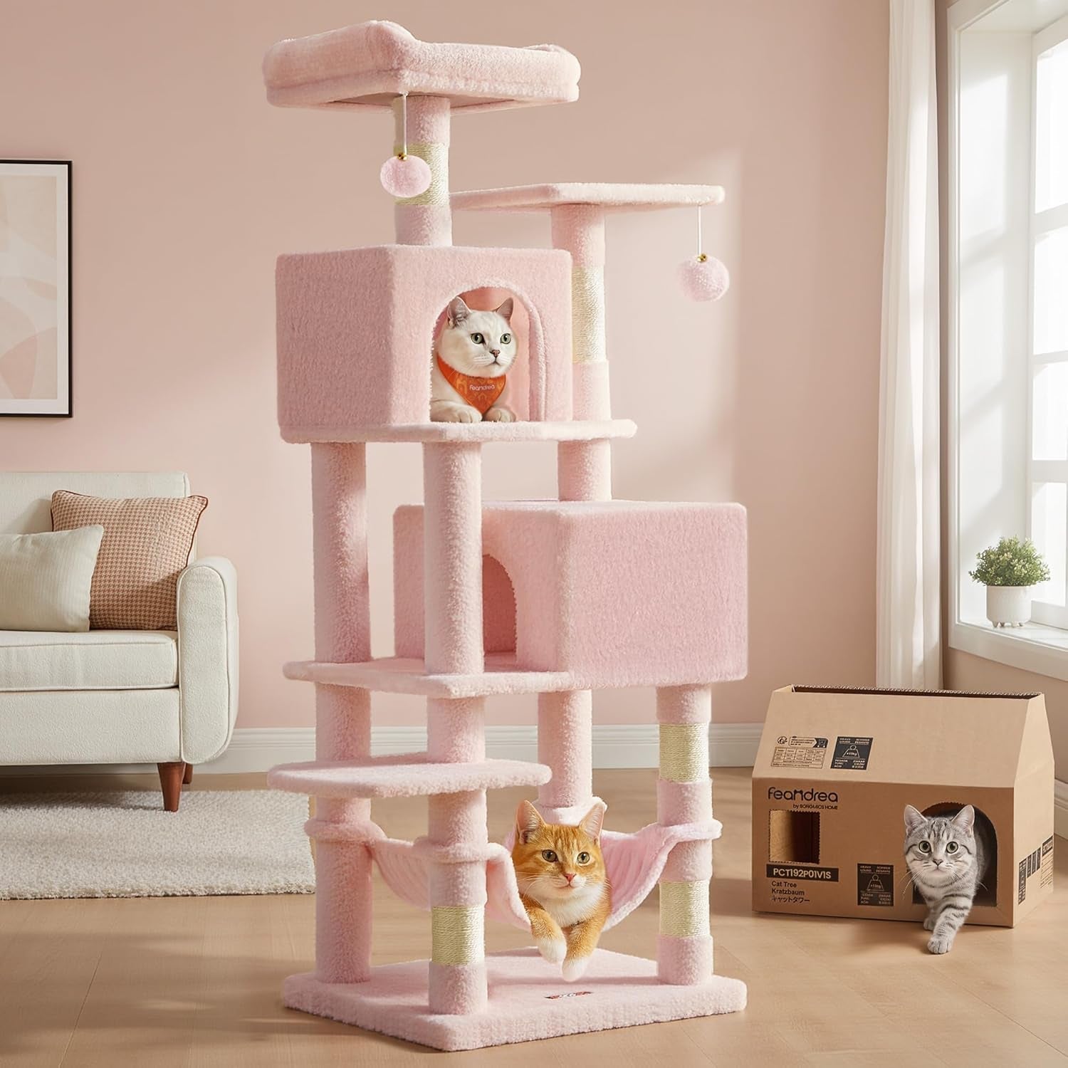 feandrea-cat-tree-59-5-inch-tall-cat-tower-plush-multi-level-condo-with-5-scratching-posts-2-perches-2-caves-hammock-2-pompoms-light-gray-upct192w01