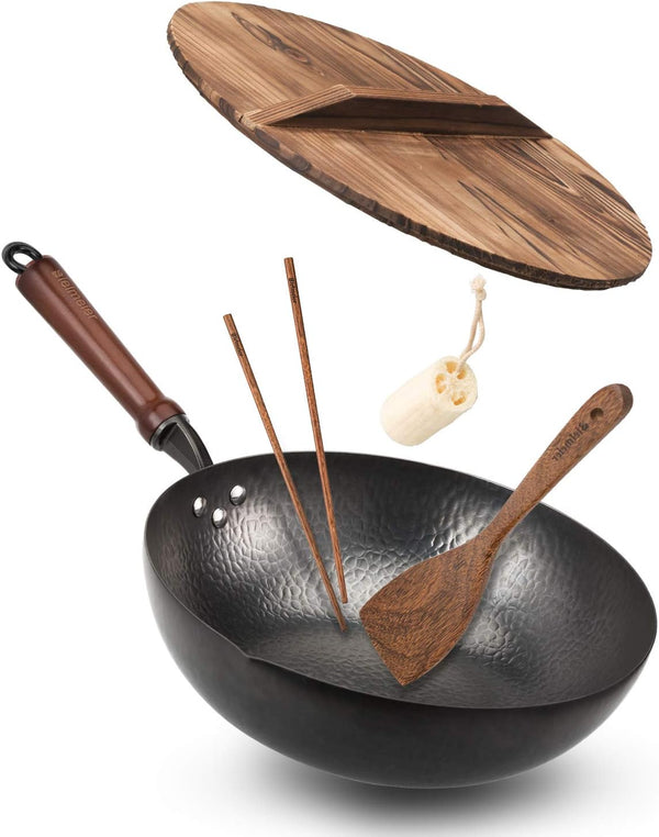 Wok Pan 12.5", Woks and Stir Fry Pans with Lid, Carbon Steel Wok with Cookware Accessories, Flat Bottom Suits for All Stoves1
