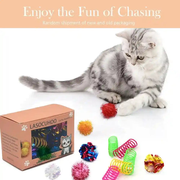LASOCUHOO Cat Toys, 30 Packs Interactive Cat Toy Pack Including Cat Crinkle Balls, Cat Sparkle Balls, Spiral Springs for Kitten （Random Color）7