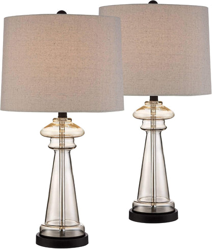 Dalia 27" Tall Table Lamps Set of 2 Champagne Glass Country Traditional | Clear Cottage Bedroom Living Room House Bedside Nightstand Office Family Home Taupe Tapered Drum Shade1