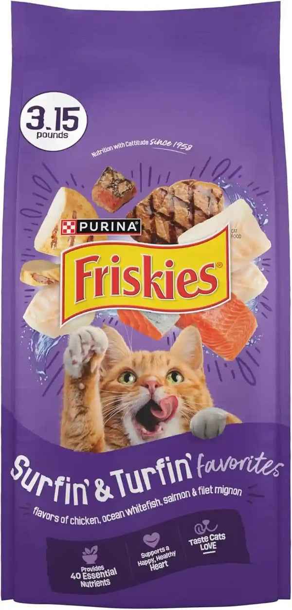 Purina Friskies Cat Food Surfin and Turfin Favorites Flavors of Chicken, Whitefish, Salmon and Filet Mignon - (Pack of 4) 3.15 Lb. Bags1