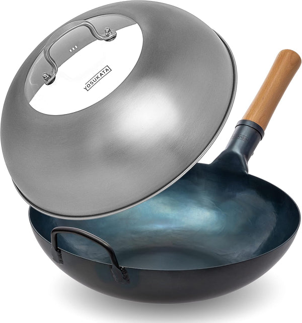 Flat Bottom Wok Pan - 13.5" Blue Carbon Steel Wok with Lid 12.8 Inch - Premium Stainless Pan Cover with Tempered Glass Insert Steam Holes and Ergonomic Handle1