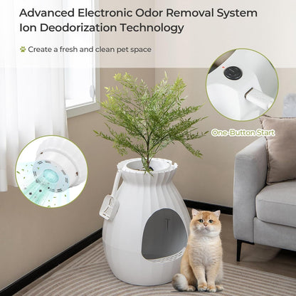 Giantex Cat Litter Box Plant - Hidden Litter Box Furniture with Electronic Odor Removal System, Detachable Door Curtain, Scoop, Cat Litter Box Enclosure Planter Home Decor, Easy to Clean (White)3