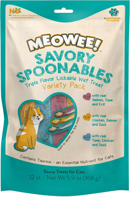 MEOWEE! Savory Spoonables Variety Pack, 12 Count Tube, Triple Flavor Squeezable Lickable Wet Treats for Cats with Built-In Spoon for Less Mess1