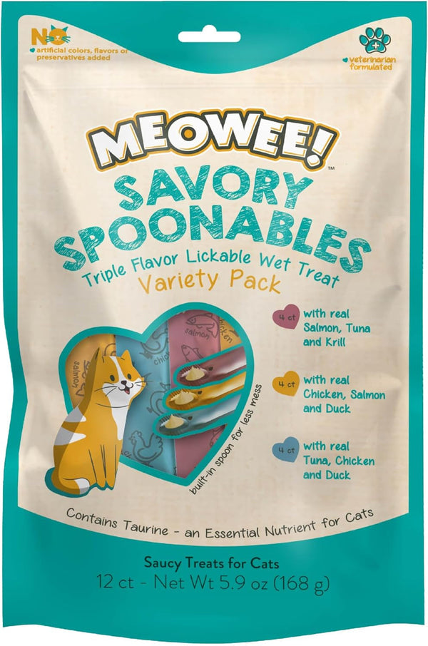 MEOWEE! Savory Spoonables Variety Pack, 12 Count Tube, Triple Flavor Squeezable Lickable Wet Treats for Cats with Built-In Spoon for Less Mess1