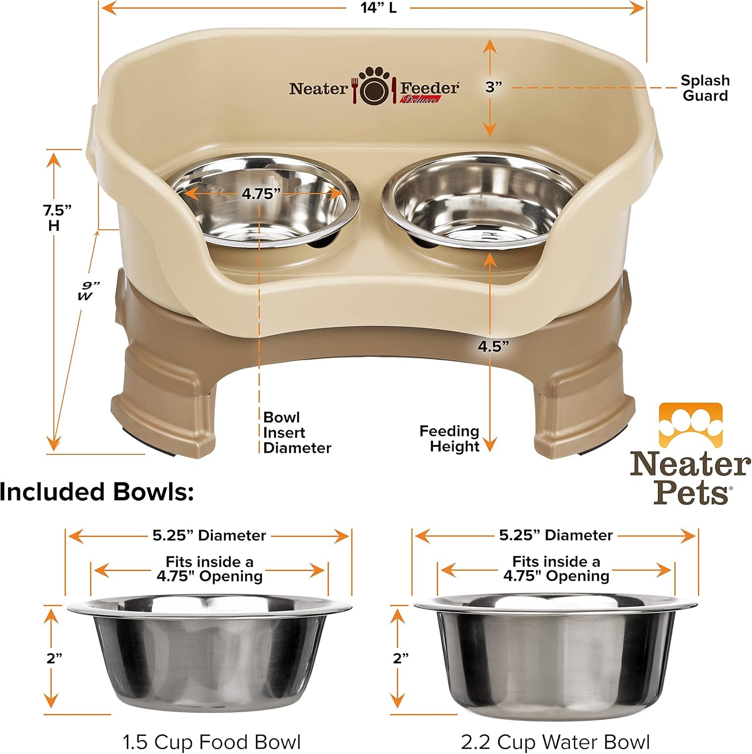 neater-feeder-deluxe-mess-proof-elevated-dog-bowls-for-small-dogs-up-to-19-lbs-2-height-adjustable-6-7-5-no-spill-raised-dog-bowl-stand-stainless-steel-food-bowl-set-made-in-usa-cappuccino