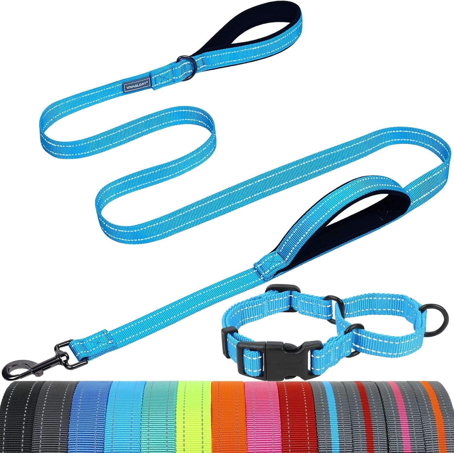vivaglory-double-handle-dog-leash-twingrip-6ft-x-1in-navy-dog-leash-for-collar-with-traffic-handle-2-loop-for-walking-training-traffic-control-reflective-heavy-duty-puppy-pet