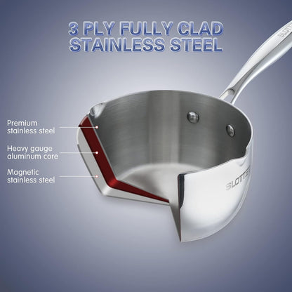 Tri-Ply Whole-Clad Stainless Steel Sauce Pan with Pour Spout,2.5 Quart Small Multipurpose Pasta Pot with Strainer Glass Lid, Saucepan for Cooking with Stay-Cool Handle.3