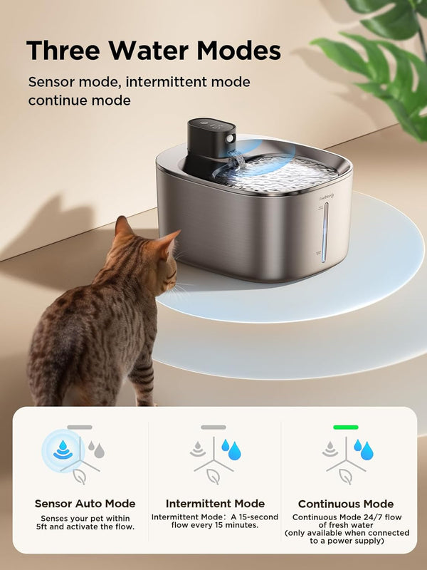 FEELNEEDY Wireless Cat Water Fountain Stainless Steel with Sensor, 4000Mah Battery Operated, 4L/135Fl Oz Pet Water Fountain for Cats Dogs, Ultra Quiet Cat Drinking Fountain with 2 Filters (YPD-C004S)3
