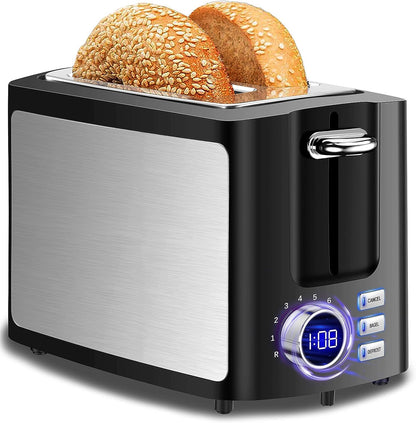 Toaster 2 Slice Wide Slot Toaster Best Rated Prime Display Smart Toasters with LCD Digital Countdown Timer and Bagel/Defrost/Cancel/Reheat Function1