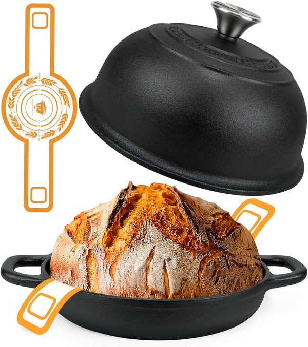 5QT Pre-Seasoned Cast Iron Dutch Oven for Bread Baking, Dutch Oven with Domed Lid, Sourdough Bread Baking Supplies, Multi-Functional Bread Pan for Baking, Frying, Roasting1