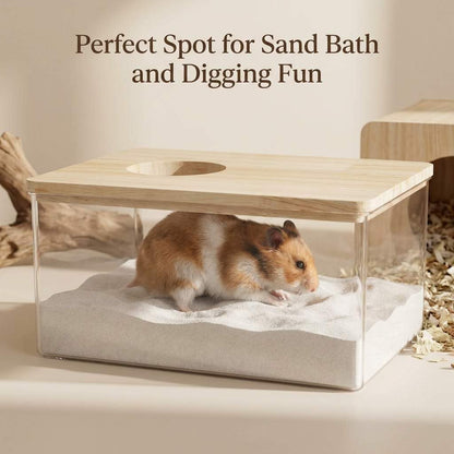 QWORK Hamster Sand Bath Box – Clear Acrylic Habitat Bath with Wooden Lid for Dwarf Hamsters, Digging & Grooming5