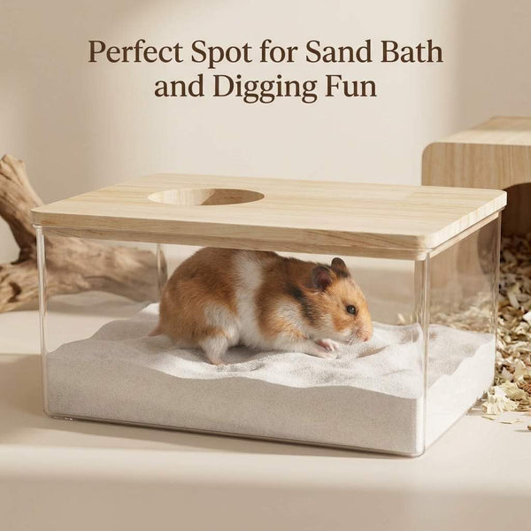 QWORK Hamster Sand Bath Box – Clear Acrylic Habitat Bath with Wooden Lid for Dwarf Hamsters, Digging & Grooming5