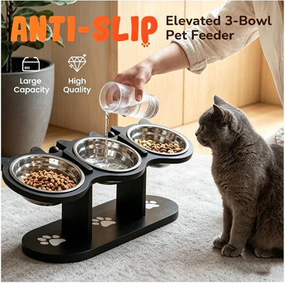 2026 New Anti-Slip Elevated 3-Bowl Pet Feeder, Cat Bowls with Stand Tilted, Stainlesssteel Cat Feeding Station, Ergonomic Elevated Cats Bowls with Wooden Base, Pet Feeding Station for Food & Water (E)4