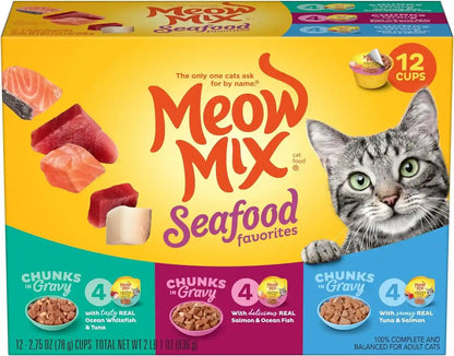 Meow Mix Seafood Favorites, Wet Food Variety Pack, 12 Cups1