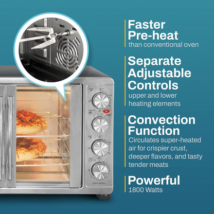 ETO4510MX French Door Convection Oven 47.5Qt, Stainless Steel | 18-Slice Capacity, 4-Control Knobs for Bake/Broil/Toast/Rotisserie/Keep Warm, Includes 2 X 14" Pizza Racks3