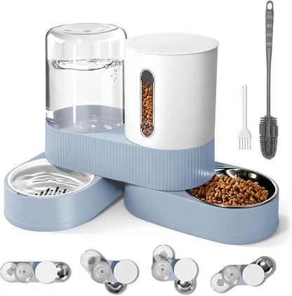 2 in 1 Automatic Gravity Cat Dog Feeder and Water Dispenser with 304 Stainless Steel Bowls, 360 Degree Rotatable Auto Food with 2 Specialized Brushes for Small Medium Pet Dog Puppy Kitten (Gray)10