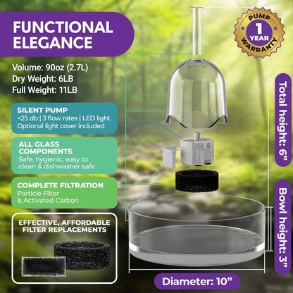 Brook Glass Cat Water Fountain 90Oz – Dishwasher Safe Pet & Dog Fountain | Automatic 2.7L Drinking Water Dispenser – Quiet, Easy to Clean Glass Bowl, Filters Included – for Indoor Cats, Kittens & Dogs5