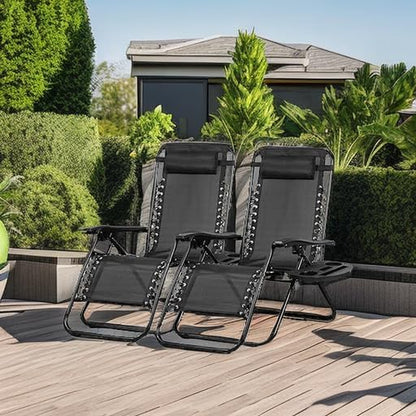 Set of 2 Relaxing Recliners Patio Chairs Adjustable Steel Mesh Zero Gravity Lounge Chair Beach Chairs with Pillow and Cup Holder Black2