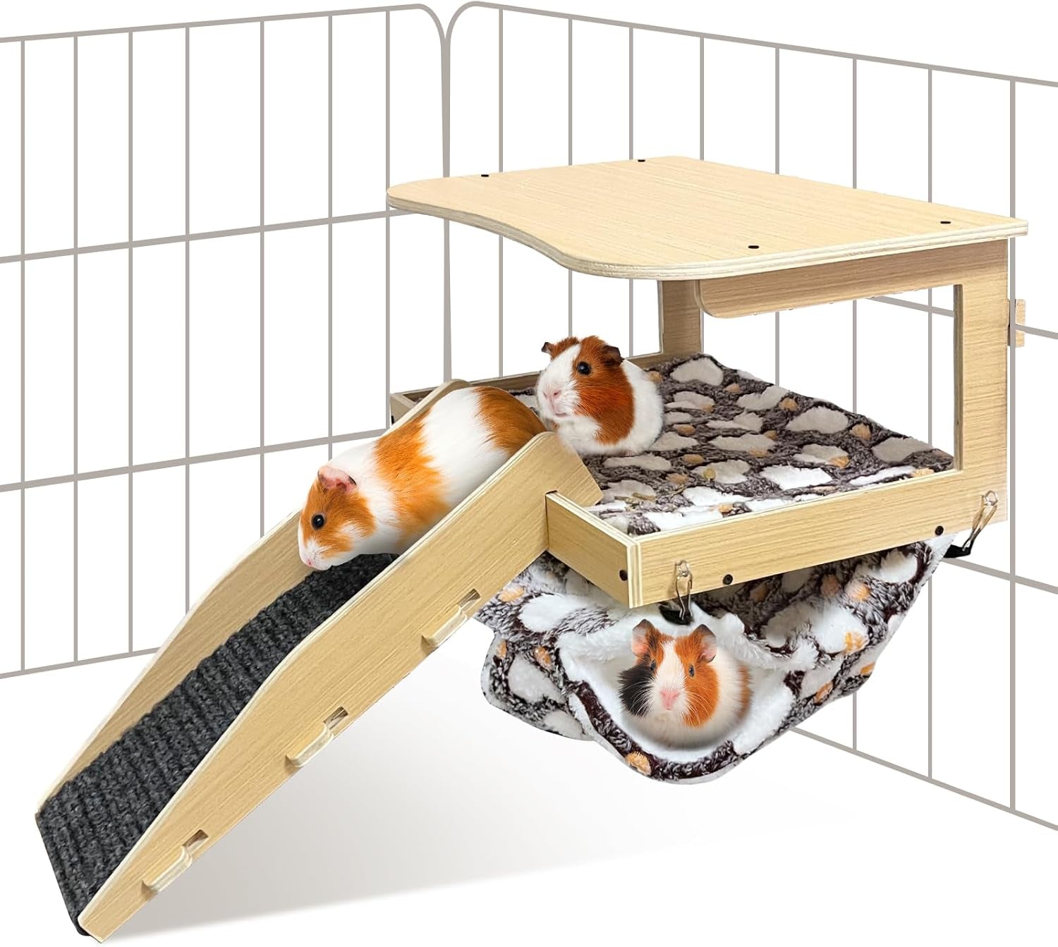 guinea-pig-hideout-natural-wood-removable-guinea-pig-bed-small-animal-habitat-with-hanging-hammock-staircase-cushion-suitable-for-small-animals-to-hide-rest-play