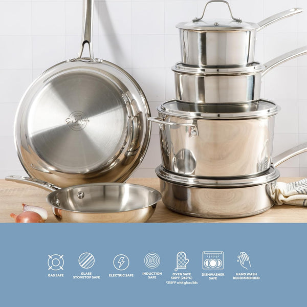 Sur La Table Kitchen Essentials Chef'S Deck 10 Piece Stainless Steel Non Toxic Pots and Pans Kitchen Cookware Set W/Triply Encapsulated Base - Induction Safe4