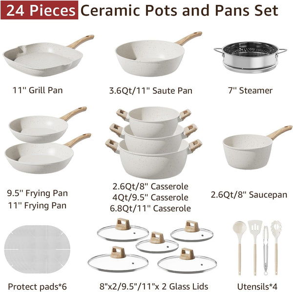 24Pcs Pots and Pans Set Non Stick,Ceramic Cookware Set with Titanium-Reinforced Nonstick Coating,Long-Lasting,Pfas-Free,Induction Compatible,Full Kitchen Set with 3 Stock Pots for Family Cooking7