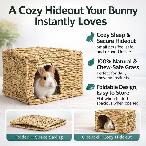 HERCOCCI Extra Large Grass House for Rabbit, Foldable & Comfortable House | Small Animal Hut Play Hideaway Bed Hay Mat Chew Toy for Bunny Guinea Pig Hamster Chinchilla (1 Pack)3