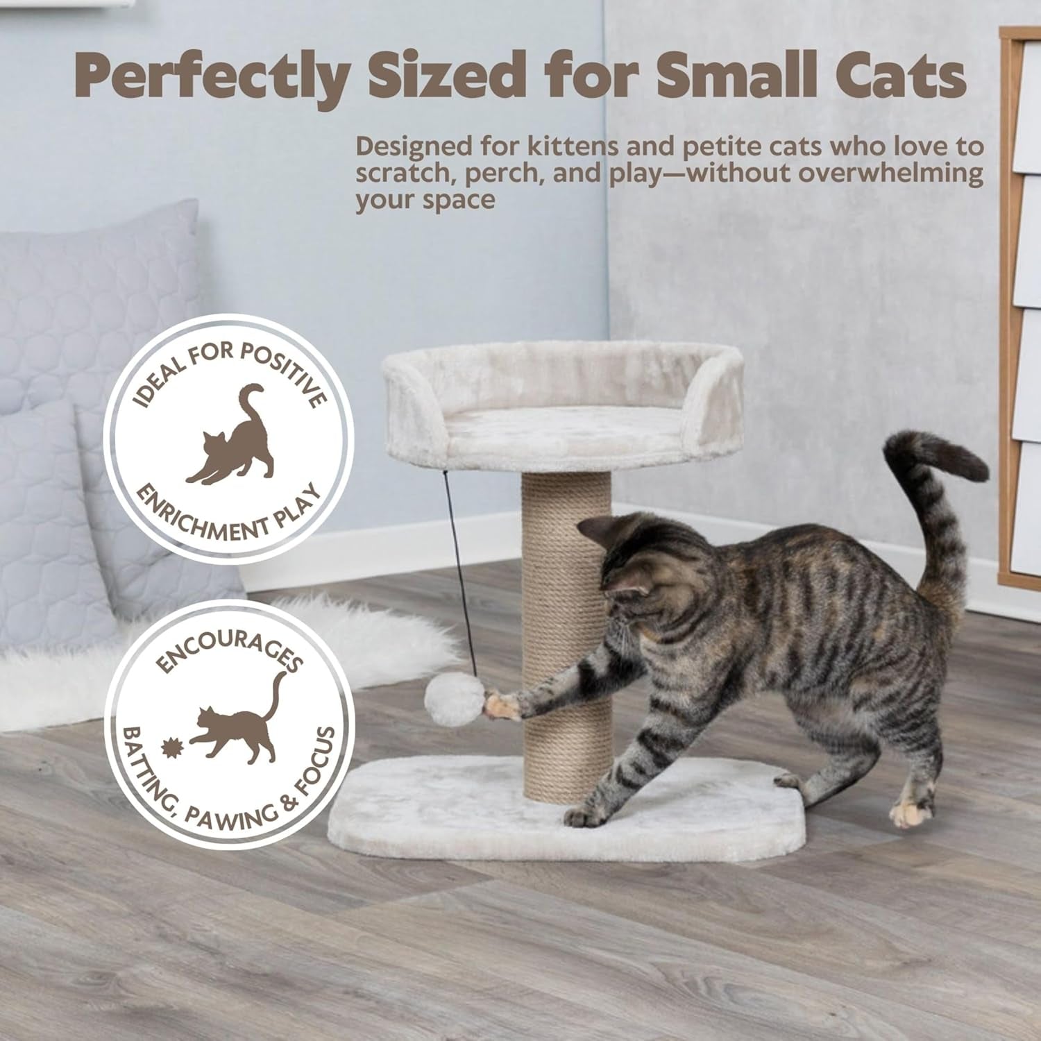 trixie-mica-18-in-cat-tree-for-kittens-indoor-jute-scratching-post-cat-furniture-padded-platform-dangling-toy-greige