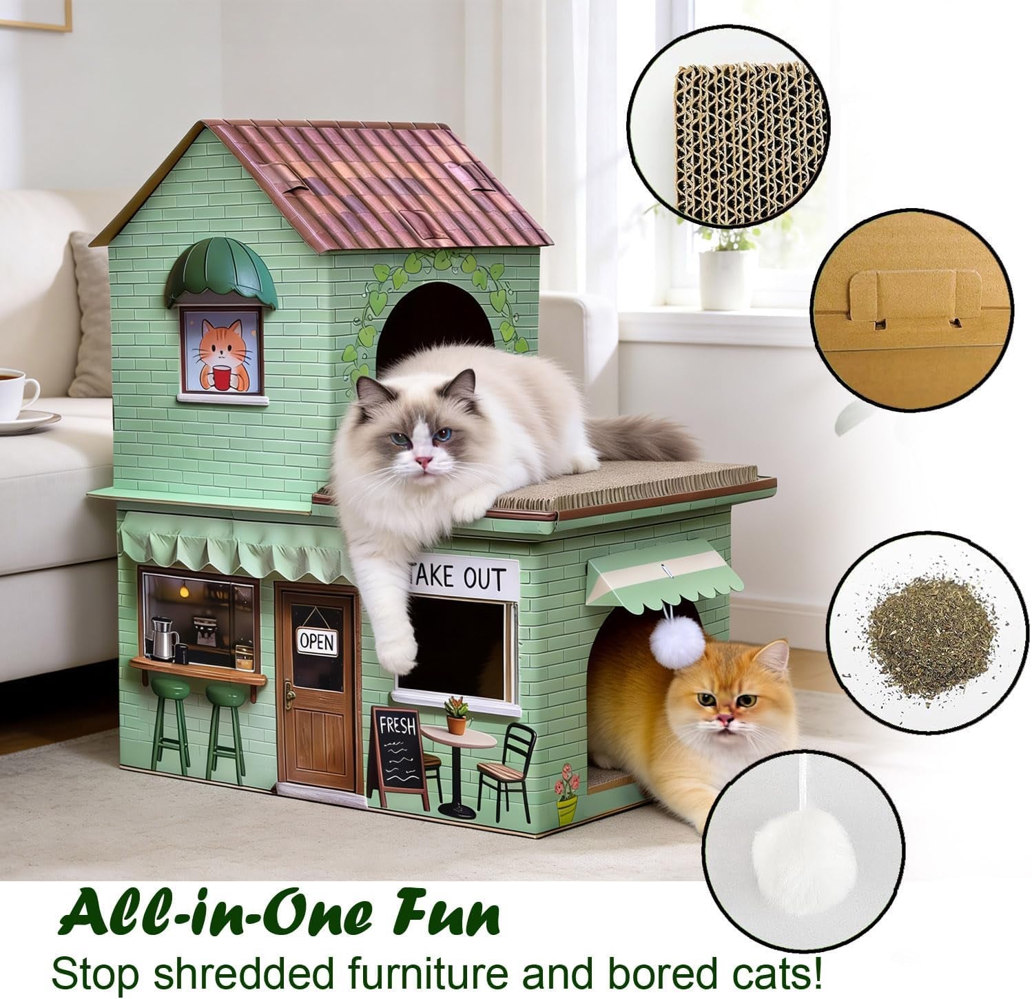 cardboard-cat-scratcher-house-double-layer-coffee-shop-design-sage-green-5-layer-corrugated-window-cutouts-4-scratching-boards-plush-ball-catnip-indoor-multi-cat-house-for-cats-up-to-20-lbs