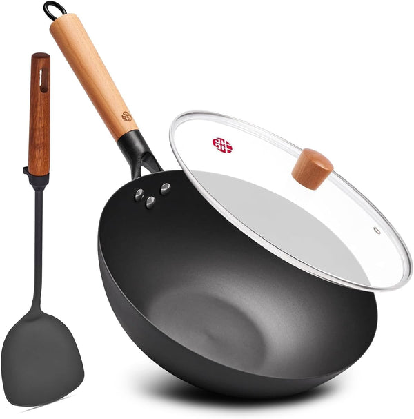 11.8" High Purity Iron Wok Pan,Flat Bottom Stir Fry Pan for Electric,Induction & Gas Stoves,No Chemical Coating Carbon Steel Alternative,Traditional Hand-Hammered Skillet for Cooking1
