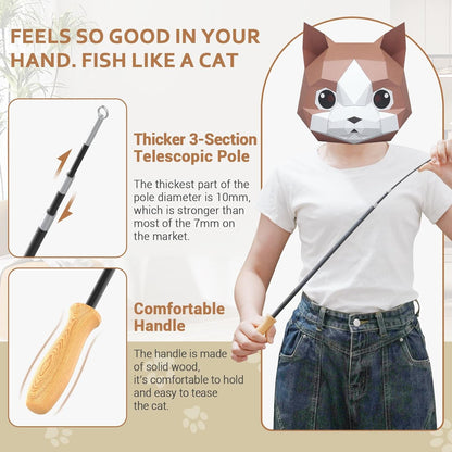 ROSAUI Cat Teaser Wand Toys, Interactive Bird Toys for Indoor Kittens, 42.15’’ Long Cat Fishing Pole Toys, 2Pcs Wires and 5Pcs Natural Refills, Sustainable Wooden Handles, Exercising, Playing3