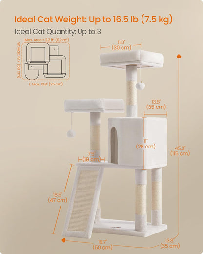 Feandrea Cat Tree, 45.3-Inch Cat Tower, Plush Condo Scratching Post, White | 45.3-Inch Cat Tower, Plush Condo with Scratching Post, Ramp, Perch, Spacious Cave, Cream White5