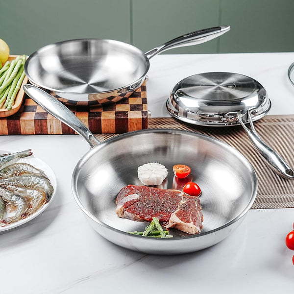 10 Inch Tri-Ply Stainless Steel Frying Pan with Lid,No Coatings PFOA&PTFE Free Skillets,Chef'S Pans,Dishwasher and Oven Safe Cookware, Compatible with All Cooktops4