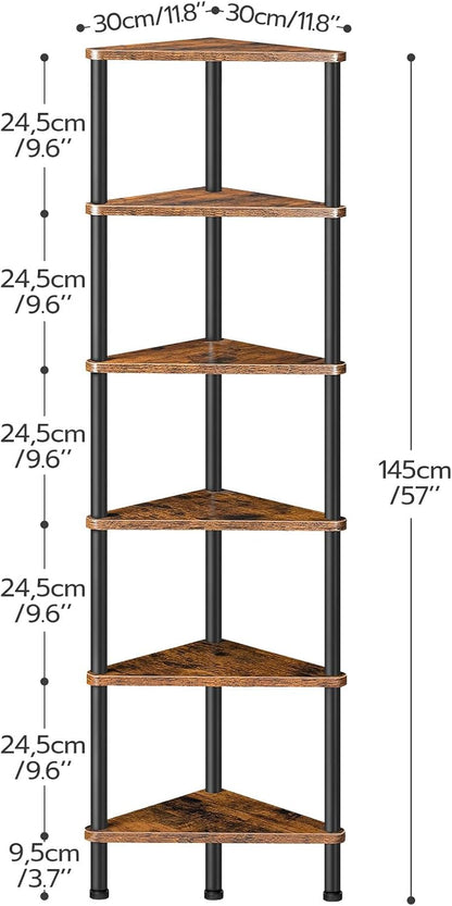 Corner Shelf Stand, Industrial 6-Tier Wall Corner Bookshelf with Metal Frame, Plant Display Shelf, Bookcase for Small Spaces, Bedroom, Living Room, Rustic Brown BF36CJ013