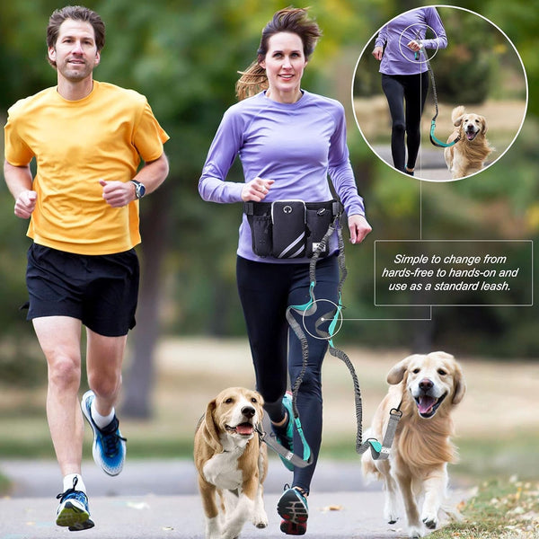 SHINE HAI Retractable Hands Free Dog Leash with Dual Bungees for 2 Dogs, Adjustable Waist Belt Fanny Pack, Reflective Stitching Leash for Running Walking Hiking Jogging Biking Black2