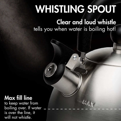 Stewart Whistling Tea Kettle for Stovetop, Stainless Steel Stove Top Kettle with Fast Boil Whistling Spout and Cool Touch Folding Handle, 1.5-Quart, Brushed Silver with Black Handle5