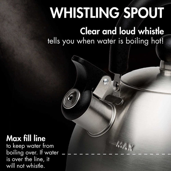 Stewart Whistling Tea Kettle for Stovetop, Stainless Steel Stove Top Kettle with Fast Boil Whistling Spout and Cool Touch Folding Handle, 1.5-Quart, Brushed Silver with Black Handle5